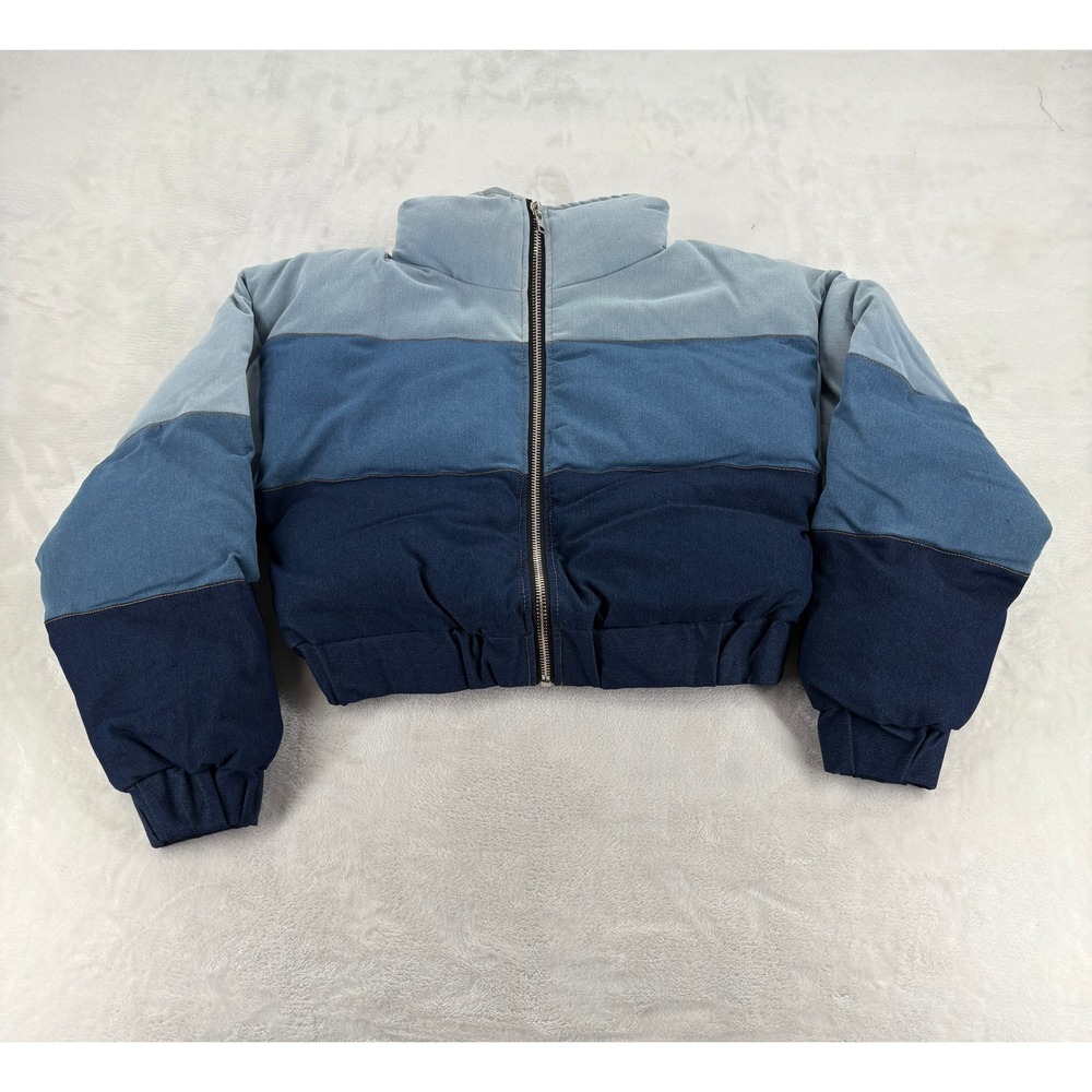 Fashion Nova Puffer Jacket M Stay In Your Lane Blue Colorblock Denim Cropped